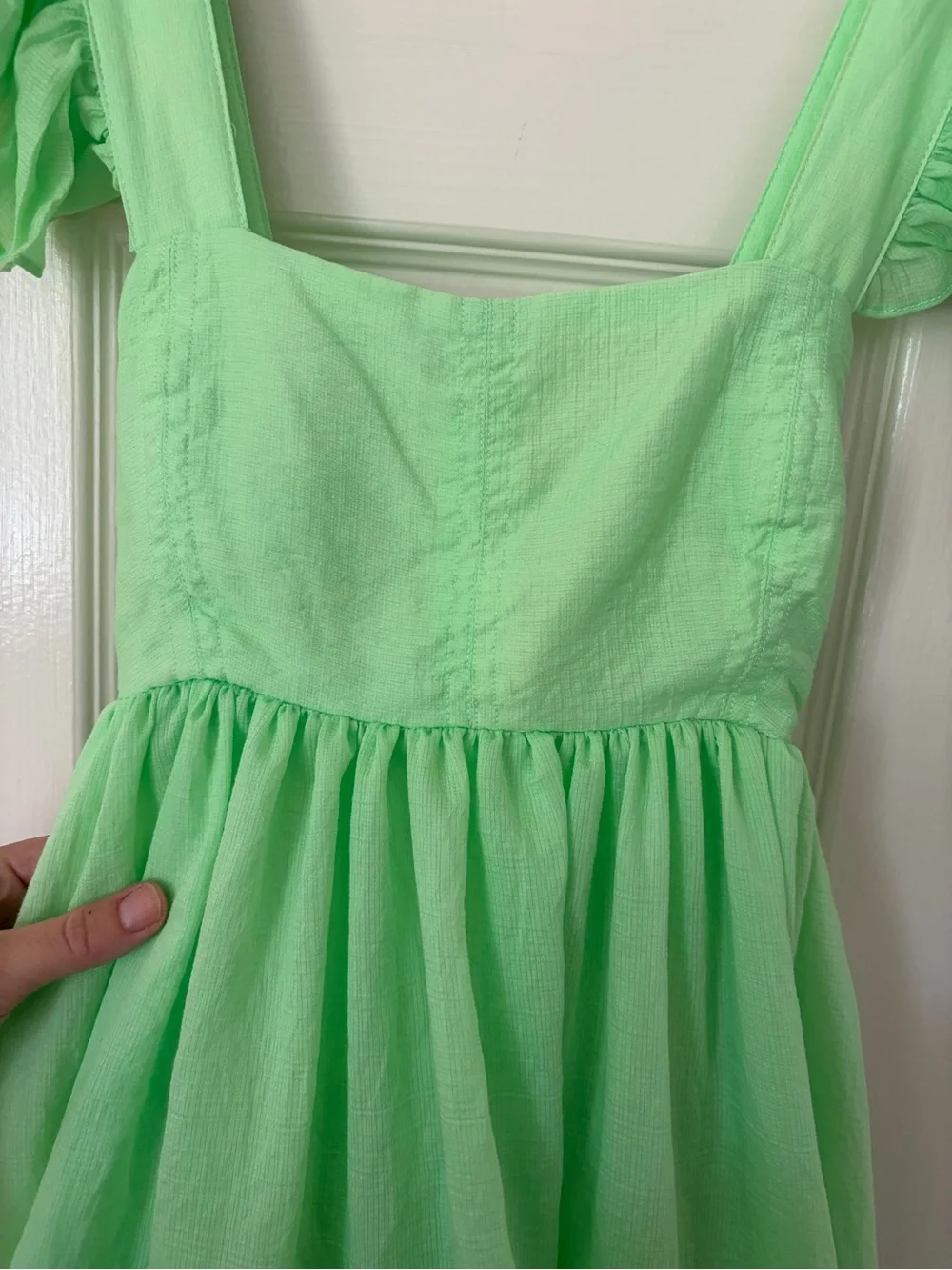 Medium • MABLE Neon Green Ruffle-Sleeve Mini Dress - Picture 7 of 12